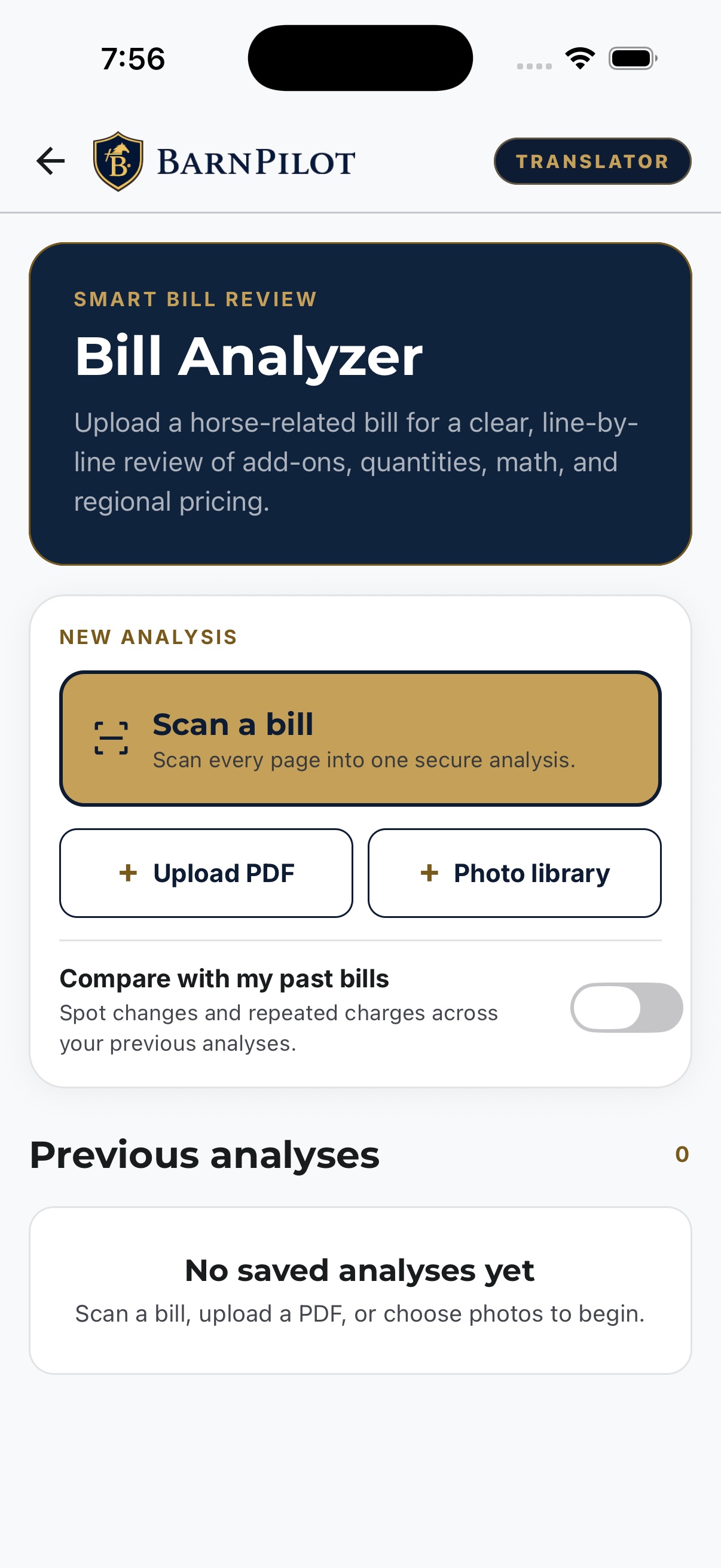 BarnPilot Rechnungsanalyzer mit Scan-, PDF-Upload- und Foto-Bibliotheksoptionen