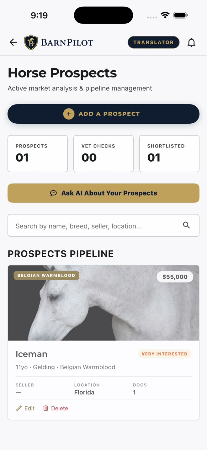 Pipeline BarnPilot Horse Prospects com detalhes do candidato e verificações veterinárias