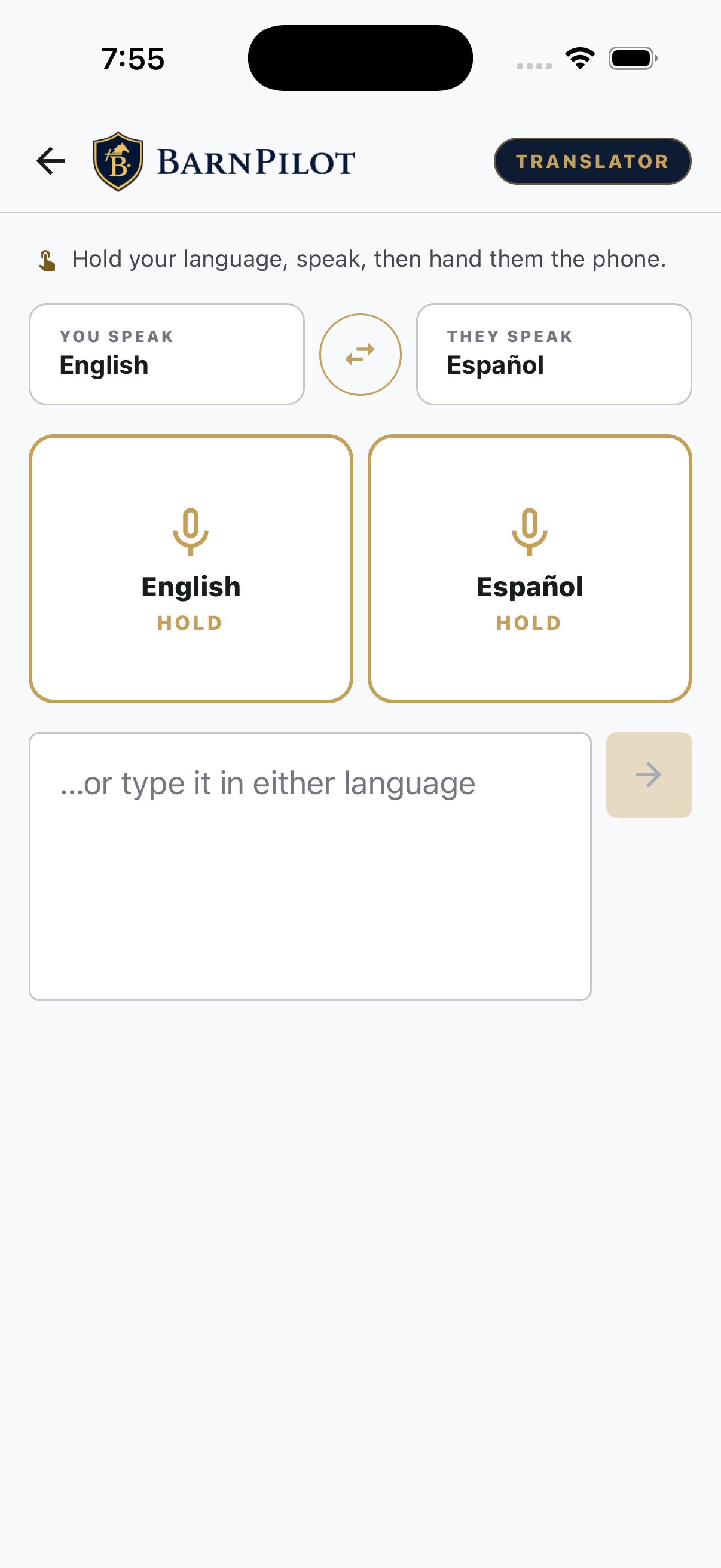 BarnPilot Übersetzer bereit für ein Gespräch auf Englisch und Spanisch