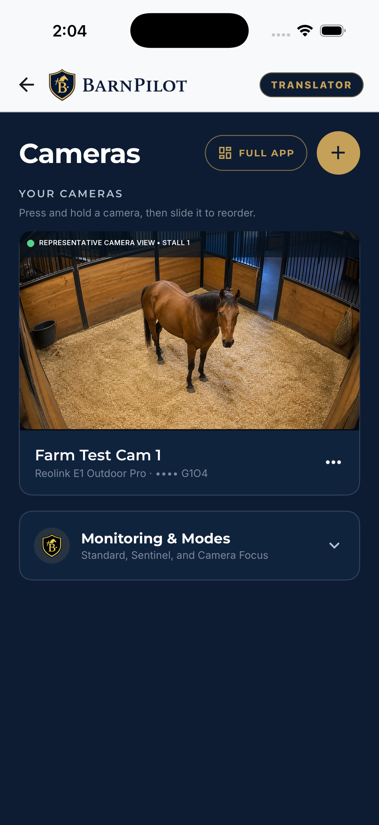 BarnPilot Camera Focus showing a connected stall view and monitoring controls