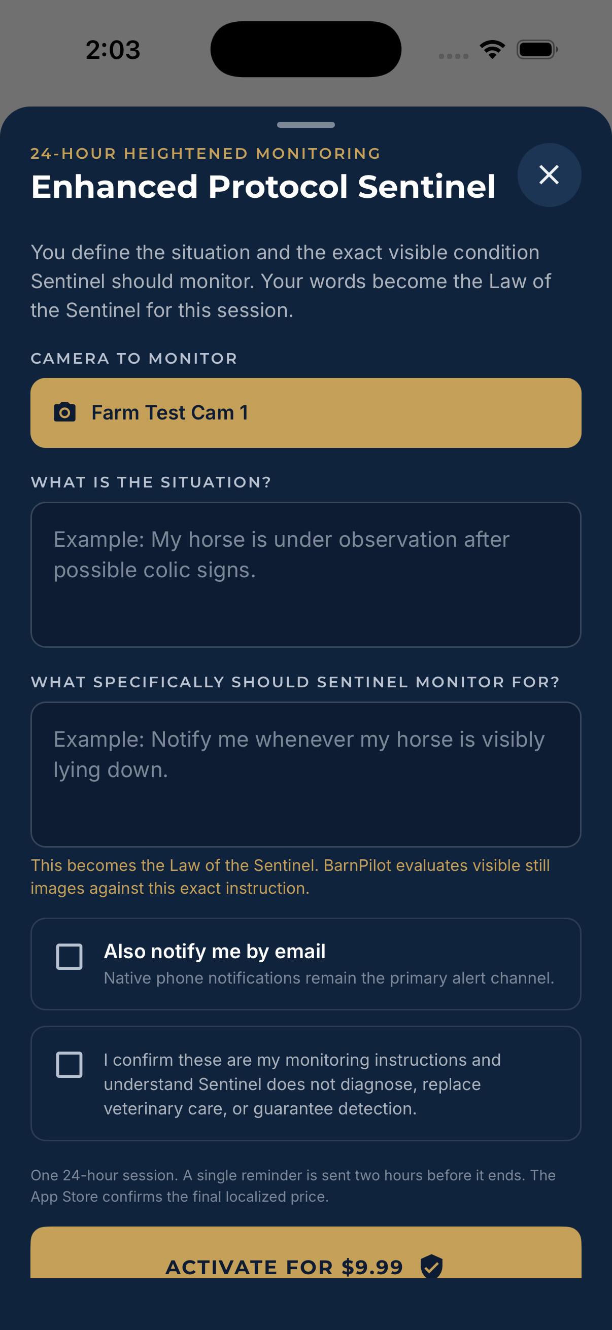 BarnPilot Sentinel screen for defining one exact visible monitoring instruction