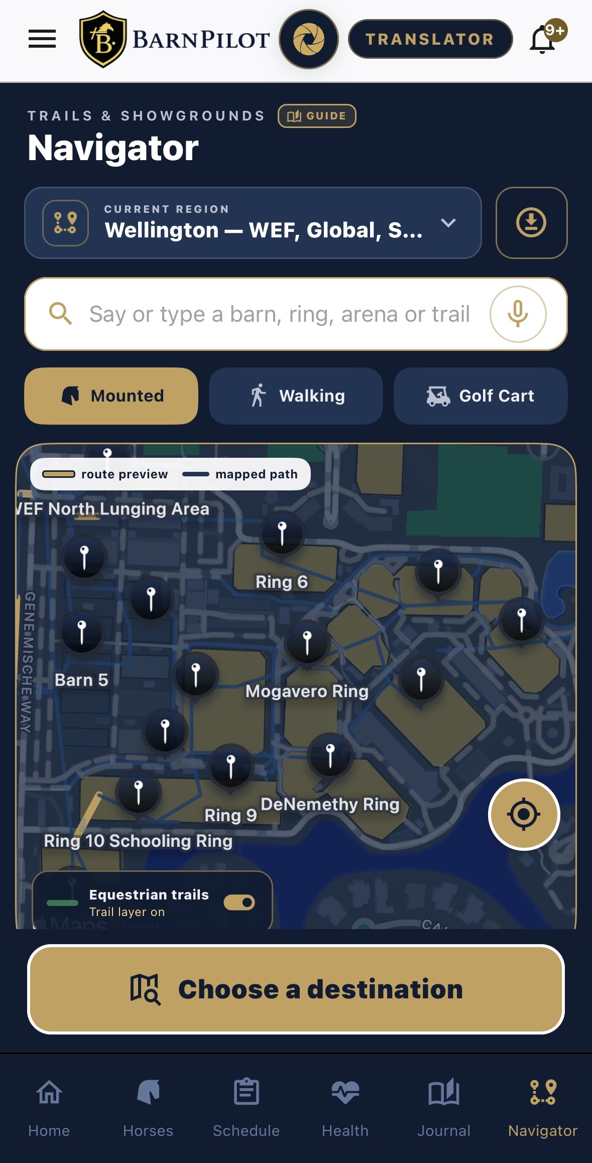 BarnPilot Navigator on iPhone showing Wellington WEF rings, barns, equestrian trails, mounted routing, and destination search