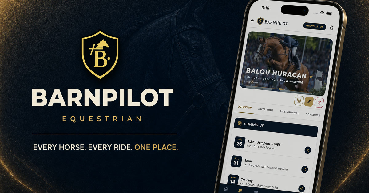 BarnPilot equestrian app presented in navy and gold