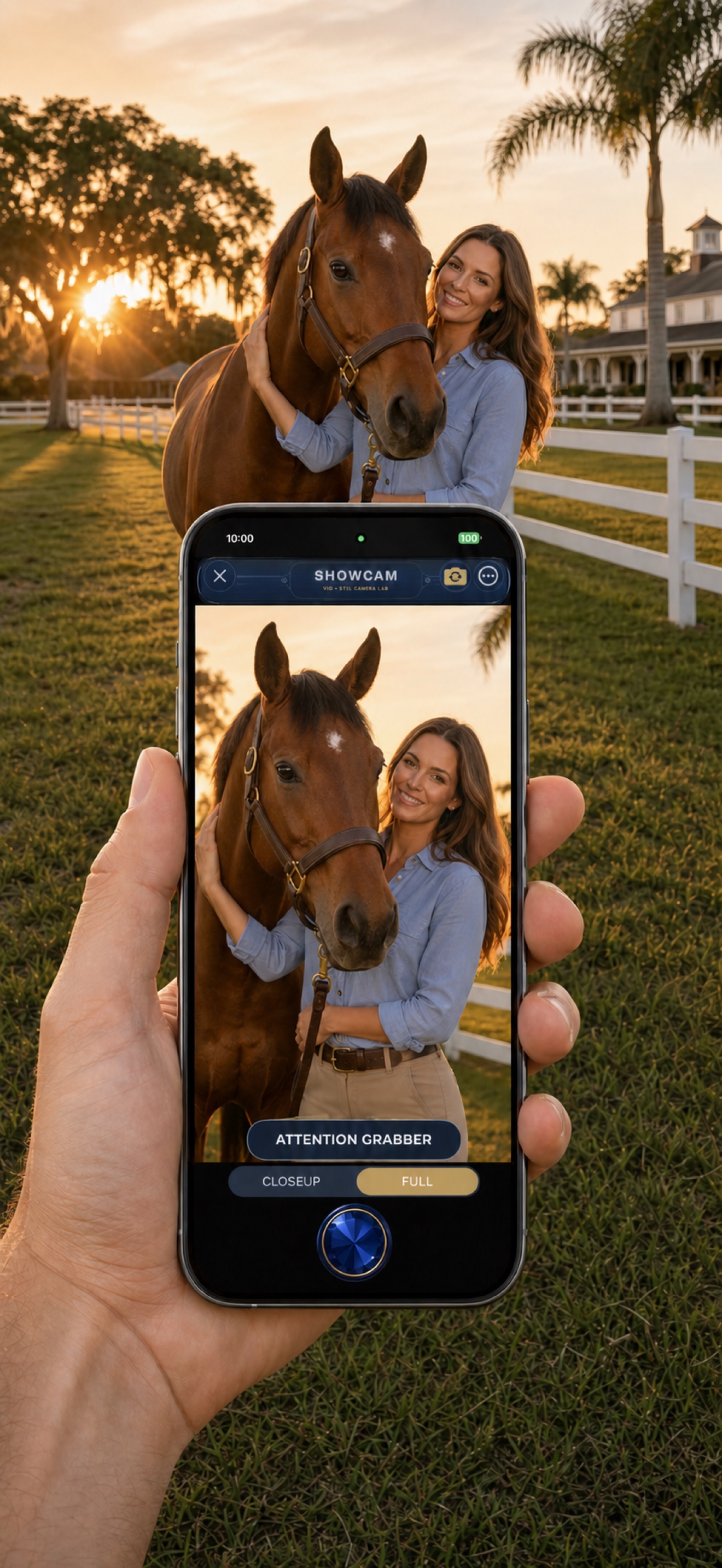 ShowCam incornicia un ritratto d'oro di una donna con il suo cavallo