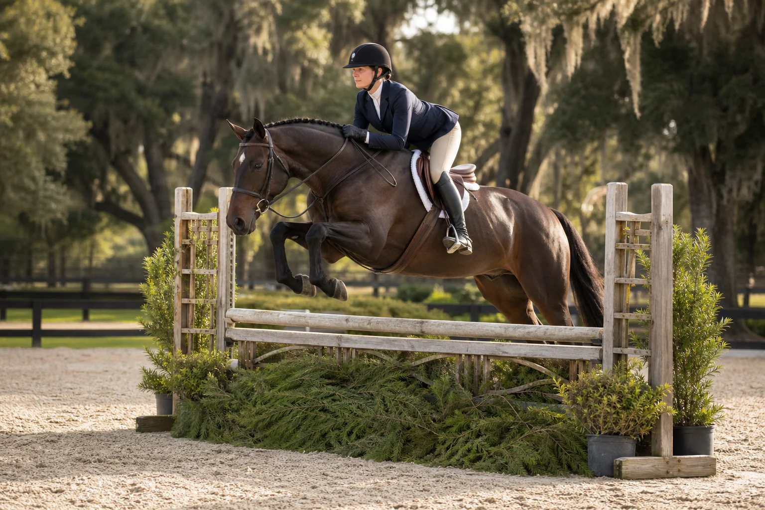 Dark bay Irish Sport Horse hunter mare jumping in an Ocala show ring