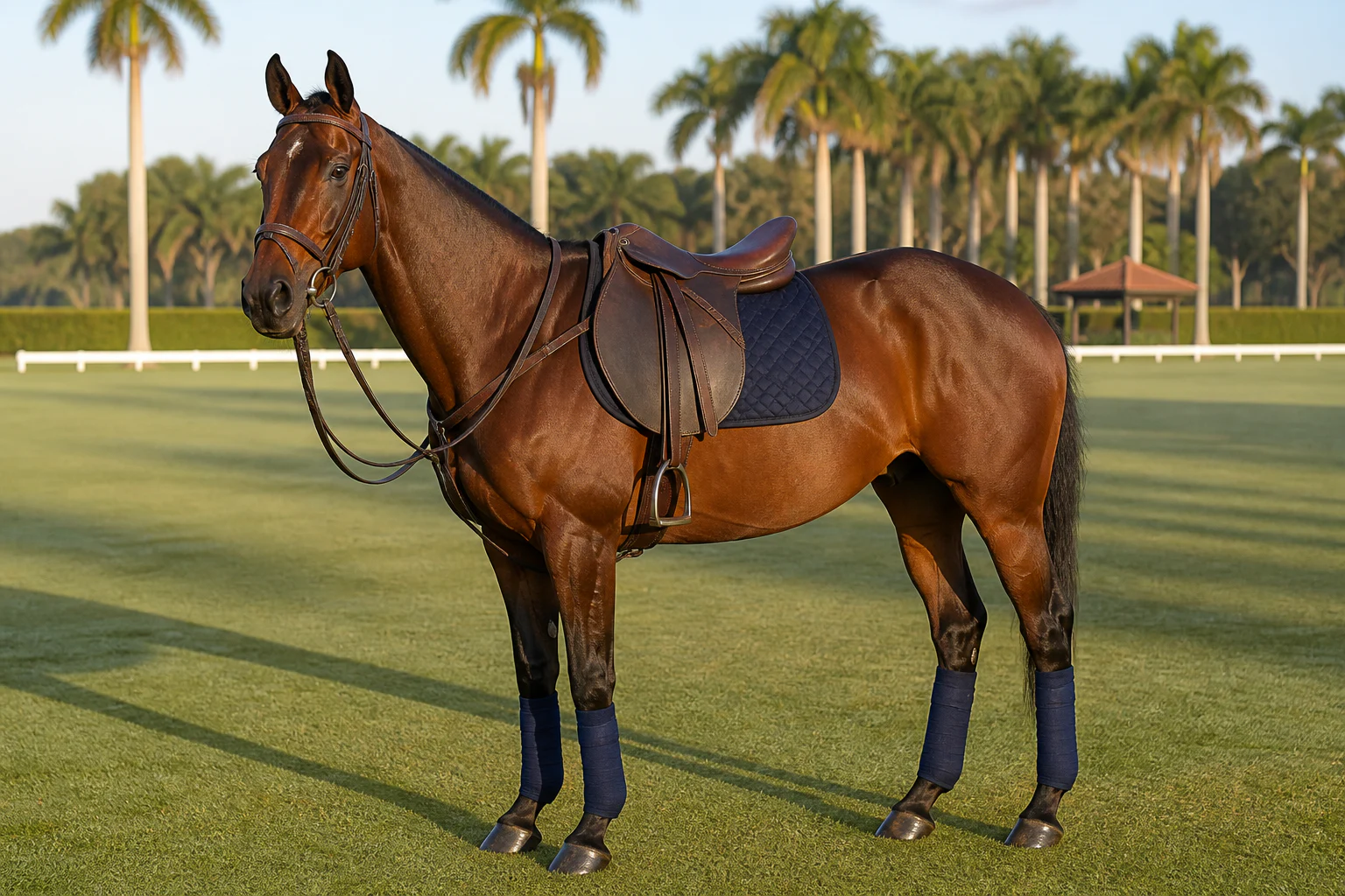 Bay Thoroughbred polo gelding standing on a palm-lined Wellington polo field